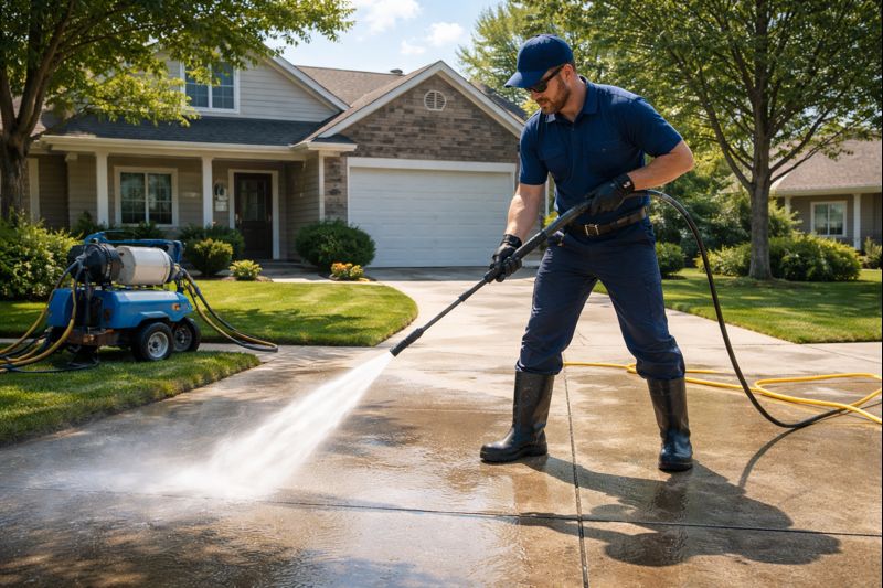 Pressure washing a driveway